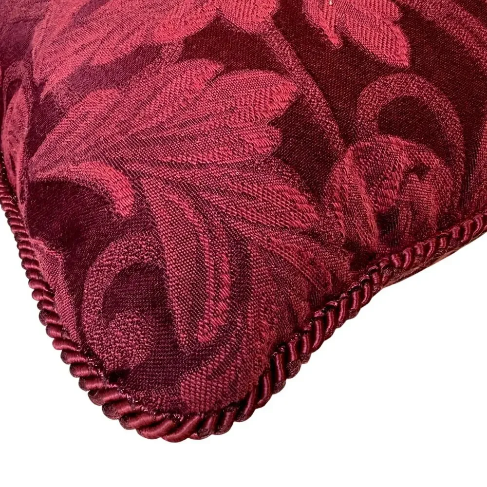Pair Burgundy Damask Floral Throw Pillows 14x14 Cord Trim Traditional Decor